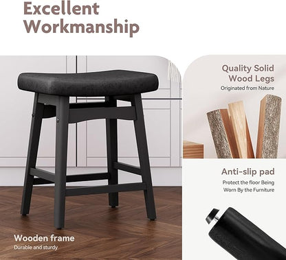 ALPHA HOME Bar Stool, Solid Wood Saddle Kitchen Stool with Black PU Leather Cushion Counter Height Barstool with Wooden Base for Kitchen Dining Cafe, 24 Inch, Black, 1PC…