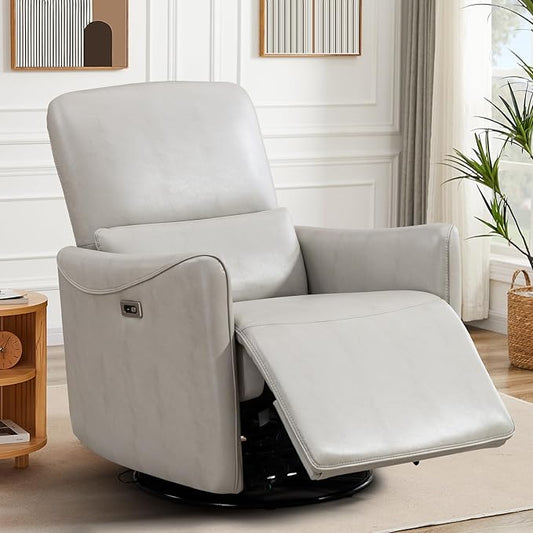 Power Swivel Recliner Chair, Faux Leather Glider Electric Rocking Chair for Adults. Nursery Rocker Single Sofa Chair with Lumbar Support for Living Room. Dual-Port Charging: Type-C&USB, Grey