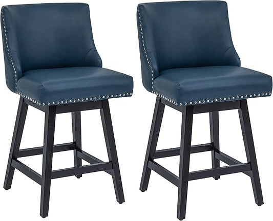 Bar Stools Set of 2, PU Leather Barstools, 26 Inch Upholstered Counter Stools with 13.8" High Back and Footrest, Swivel Counter Height Barstools for Kitchen Island Home Bar Navy Blue