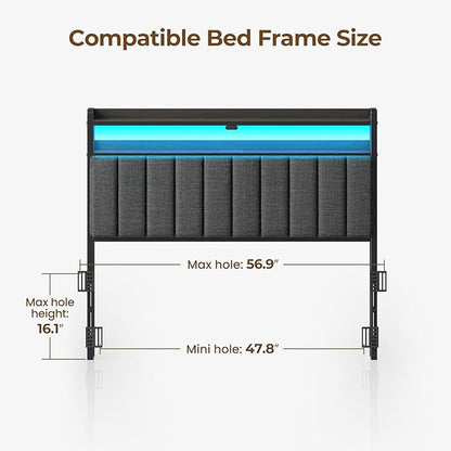 Rolanstar Headboard for Full Size Bed with Storage, 60,000 DIY Color of LED Light, Head Board with USB & Type C Port, Height Adjustable, Black Upholstered Cabeceras de Cama Comfortable Modern, Stable