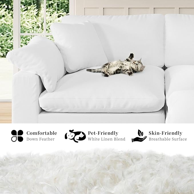 Modular Sectional Sofa Cloud Couch,Down Filled Comfy Cloud Modern Sofa,White Linen Oversized Couch Cushion Covers Removable for Living Room(3 Seater)