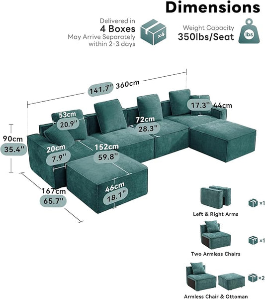 WILLOVE 141'' Modular Sectional Sofa, Chenille Cloud Couch with Wide Armrests & 6 Pillows, Deep Seat Couches for Living Room, Green