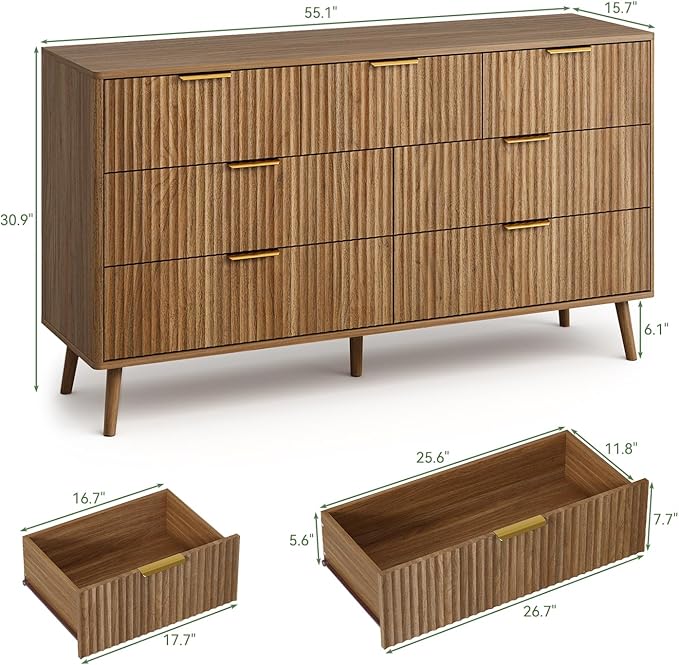 LYNSOM Fluted Dresser and Nightstand Sets 2 Piece, 1-Drawer Nightstands and 7-Drawers Dresser, Wood Bedroom Furniture Set for Home, Bedroom, Hallway, Natural Oak