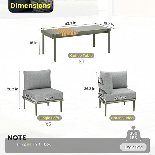 Sundale Outdoor 3 Pieces Patio Furniture Set, Metal Outdoor Sectional Sofa with 6 Inch Olefin Cushion and Coffee Table, All-Weather Modern Outdoor Conversation Sets (Green Frame)