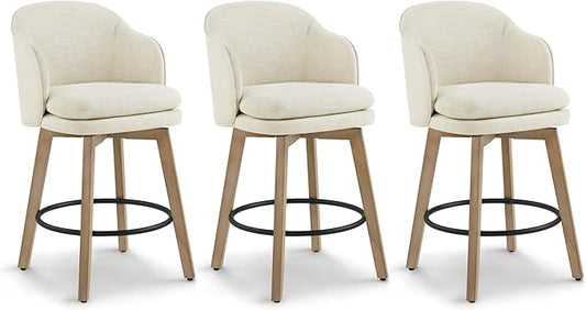 Counter Height Barstools 26 inch Upholstered Swivel Bar Stools with Back and Wood Legs for Kitchen Island,Set of 3,Linen Fabric