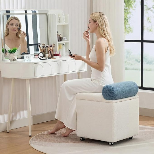 Boucle Vanity Chair with Storage, Swivel Makeup Vanity Chair with Wheels & Safety Hinge, Upholstered Vanity Stool Ottoman for Bedroom, Dressing Room, White