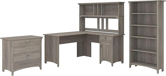 Bush Furniture Salinas L Shaped Desk with Hutch, File Cabinet and 5 Shelf Bookcase | 3 Piece Home Office Furniture Set in Driftwood Gray | L Shaped Corner Table with Storage