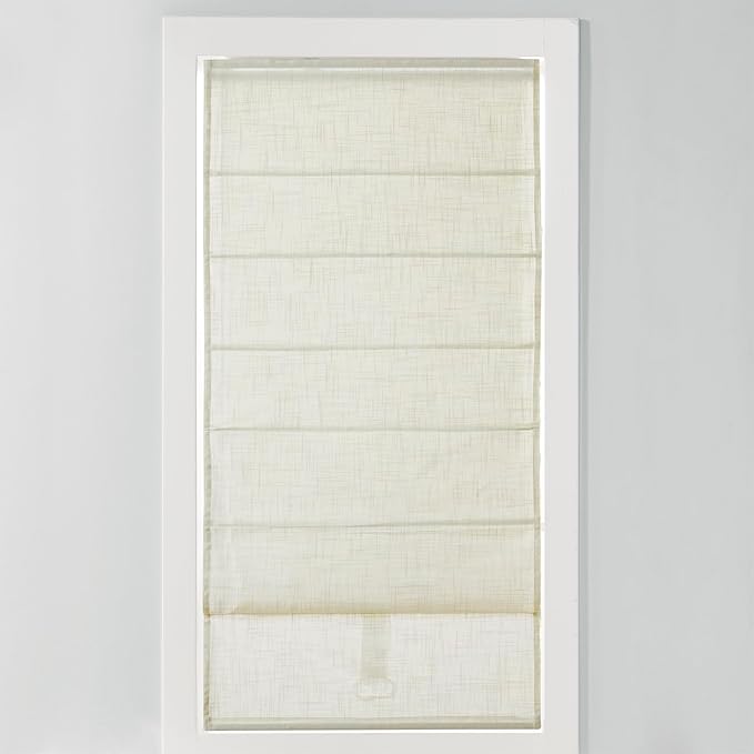 Madison Park Kyler Cordless Roman Shades - Single Panel, Lightweight Linen Blend Fabric, Natural Design, Easy Installation, Light Filtering Window Blind, Bedroom, Living Room Decor 29"W x 64"H Ivory