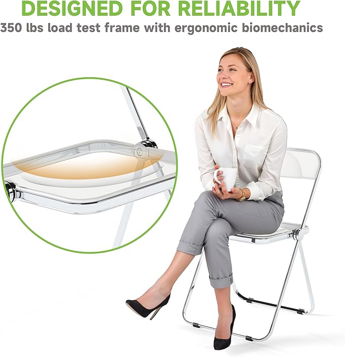 Real Relax Acrylic Folding Chairs,Foldable & Stackable Clear Chairs with Metal Chrome Frame, Indoor and Outdoor, for Home, Office, Party & Events,Set of 6,350LB,Transparent