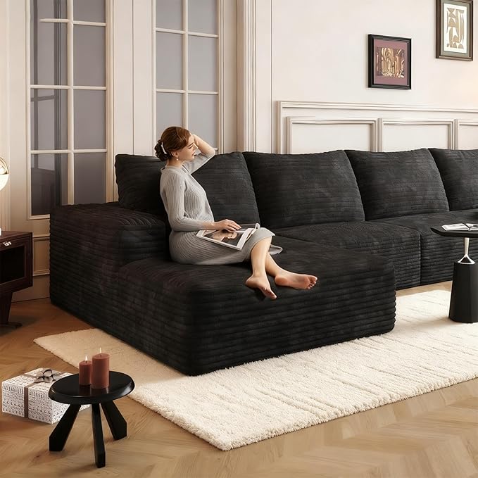135.4'' Oversized Cloud Sofa Sectional Couch, Boneless Couch with L-Shape Chaise, Upholstered Compression Modular Sectional Sofa for Living Room, No Assembly Required (Black, Left Facing Chaise)