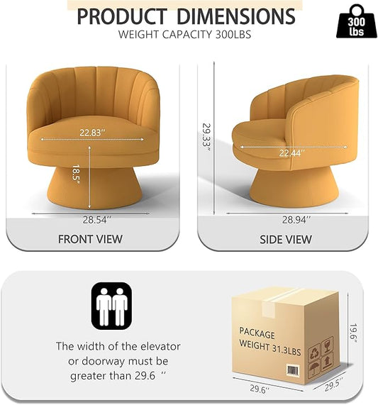 Swivel Accent Chair,Upholstered Velvet 360° Swivel Barrel Chair for Living Room Overstuffed Bouncle Reading Chair Round Armchair for Bedroom,Vanity,Office (Mustard)
