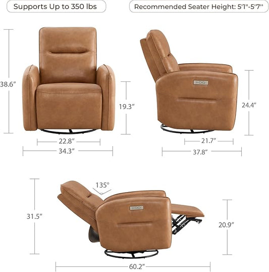 CHITA Faux Leather Power Recliner Chair, Swivel Glider Recliner for Adults, Nursery Rocking Chair with USB & Type-C Charging for Living Room, Bedroom, Camel