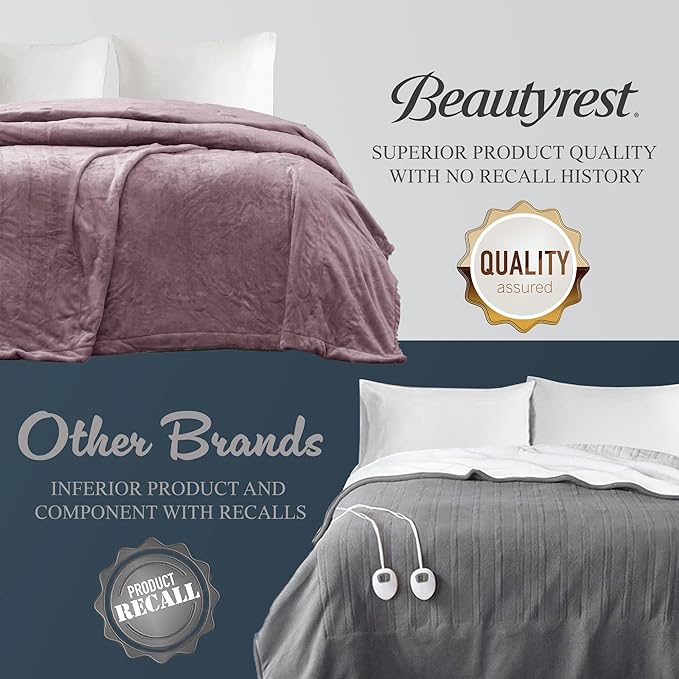 Beautyrest Heated Plush Elect Electric Blanket with 20 Heat Level Setting Controllers Equip with Secure Comfort Technology and 10 Hours Auto Shut Off, Queen: 84x90, Lavender,BR54-0656