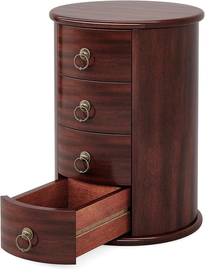 Tribesigns Solid Wood End Table, Round Side Table with 4 Drawers, Vintage Bedside Table Nightstand for Small Spaces, Living Room, Bedroom, No Assembly Required (2, Cherry Brown)