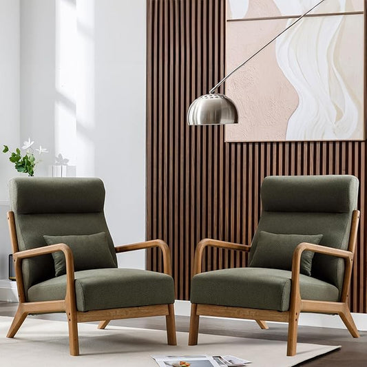 ANJHOME Mid Century Modern High Back Accent Chairs Set of 2, Single Lounge Armchair with Solid Wood Frame, Comfy Reading Chair for Living Room, Easy Assembly