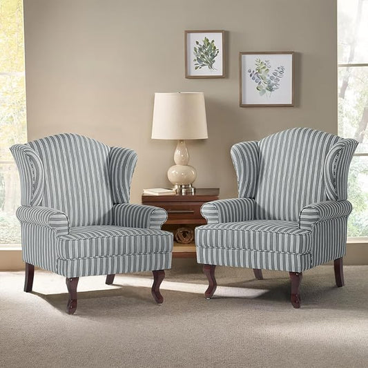Pia Ricco Set of 2 Stripe High Back Accent Chairs: Upholstered Fabric Armchairs with Solid Wood Legs - Retro Living Room Pair, Comfy Reading Sofa Seats-Gray