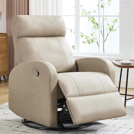 Swivel Rocker Recliner Chair, Manual Leather Recliner, Glider Rocking Recliners 360°Swivel Nursery Reclining Chairs for Living Room, Khaki