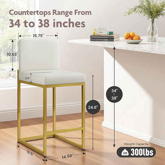 ALPHA HOME 24 Inch Bar Stools Set of 3, Kitchen Counter Stools with Backs, PU Leather Barstools, White Bar Stools with Upholstered Footrest, Sturdy Chromed Metal Steel Frame, White