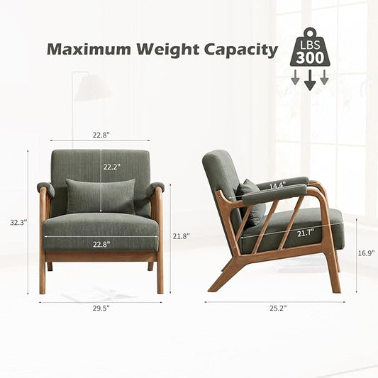 Mid Century Modern Accent Chair with Solid Wood Frame, Upholstered Living Room Chairs with Lumbar Cushion Padded Arms, Reading Armchair for Bedroom (1, Green)