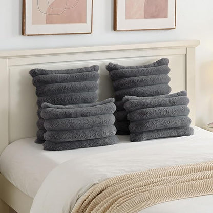 FUTEI Dark Grey Decorative Throw Pillow Covers 16x16 Inch Set of 2, Square Soft Faux Rabbit Fur Big Striped Cushion Cover,Home Decor for Couch Sofa Bed Living Room