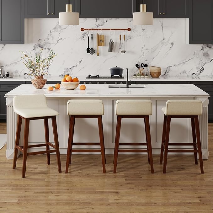 COSTWAY Wooden Bar Stools Set of 2, 29-inch Height Upholstered Padded Seat, Low Backrest, Footrest, Rubber Wood Legs, Armless Bar Chairs for Kitchen Counter Island, Dining Room, Brown+Beige