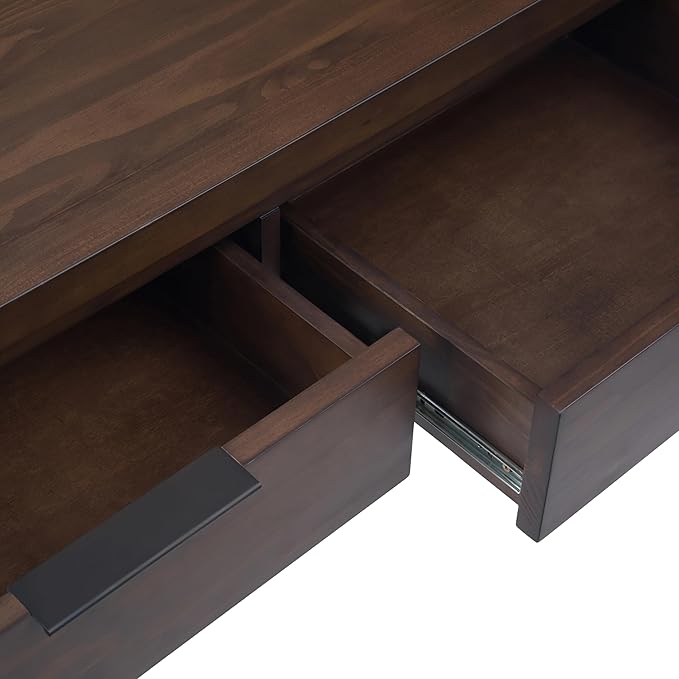 SIMPLIHOME Hollander Console Table - 60 Inch Wide Solid Wood Sofa Table in Warm Walnut Brown, Contemporary Storage Table for Entryway or Living Room with 3 Drawers and Sleek Metal Hardware