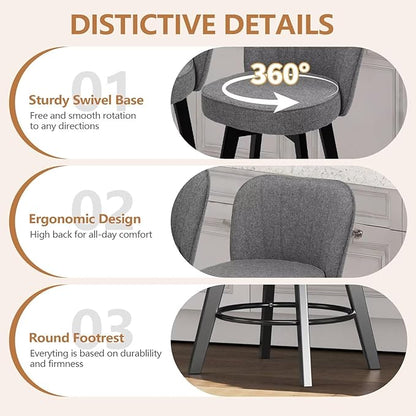 MINCETA Bar Stools Set of 4, 26 Inch Upholstered Barstools with Backrest and Footrest, Swivel Counter Height Barstools for Kitchen Island Home Bar Gray
