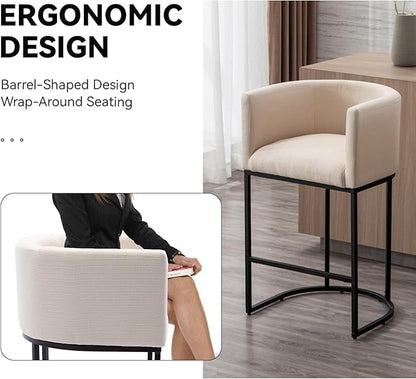 Contemporary Cream Linen Bar Stools Set of 2, 29" Upholstered Fabric Counter Height Barstools Kitchen Counter Island Stools with Screwed Together Black Metal Base