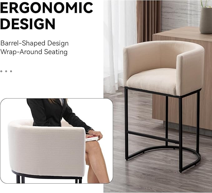 Contemporary Cream Linen Bar Stools Set of 4, 29" Upholstered Fabric Counter Height Barstools Kitchen Counter Island Stools with Screwed Together Black Metal Base