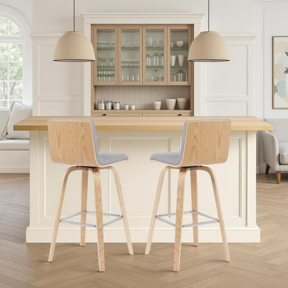 Vienna Modern Swivel Bar Height Stool with Grey Upholstered Seat and Patterned Oak Wood Frame Set of 3