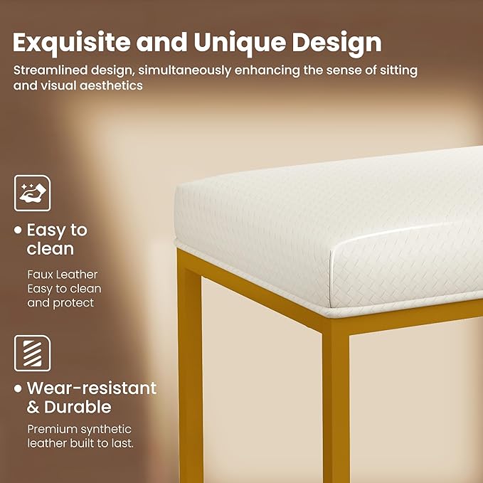PHI VILLA White and Gold Bar Stools Set of 2 - Thick Cushion Metal Steel Frame Base with Footrest 24 Inch Barstools, Counter Height Bar stools
