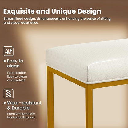 PHI VILLA White and Gold Bar Stools Set of 2 - Thick Cushion Metal Steel Frame Base with Footrest 24 Inch Barstools, Counter Height Bar stools