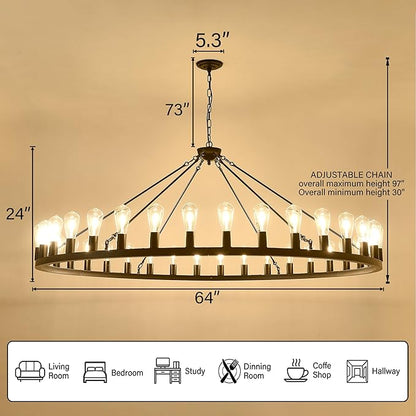 Large black wagon wheel chandelier 64 inch,36-Light Farmhouse wagon Wheel Chandeliers Round Industrial ceiling light fixtures for outdoor porch high ceilings Living Dining Room Foyer Entryway