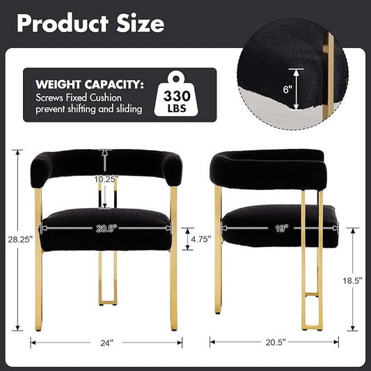 Set of 2 Modern Black Boucle Dining Chairs with Gold Metal Legs, Mid Century Accent Upholstered Barrel Armchairs with Open-Back for Kitchen, Dining Room, Living Room, Apartment