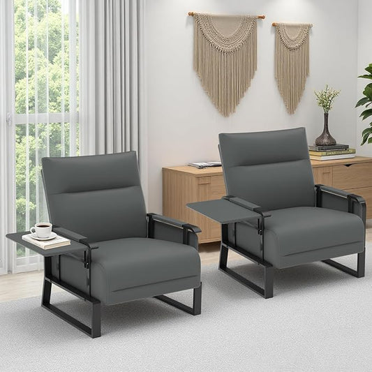 Upholstered Accent Chairs Set of 2, Modern Faux Leather Sofa Chairs with Foldable Side Tray Table & Storage Pocket, Small Accent Sofas for Living Room, Bedroom, Gray