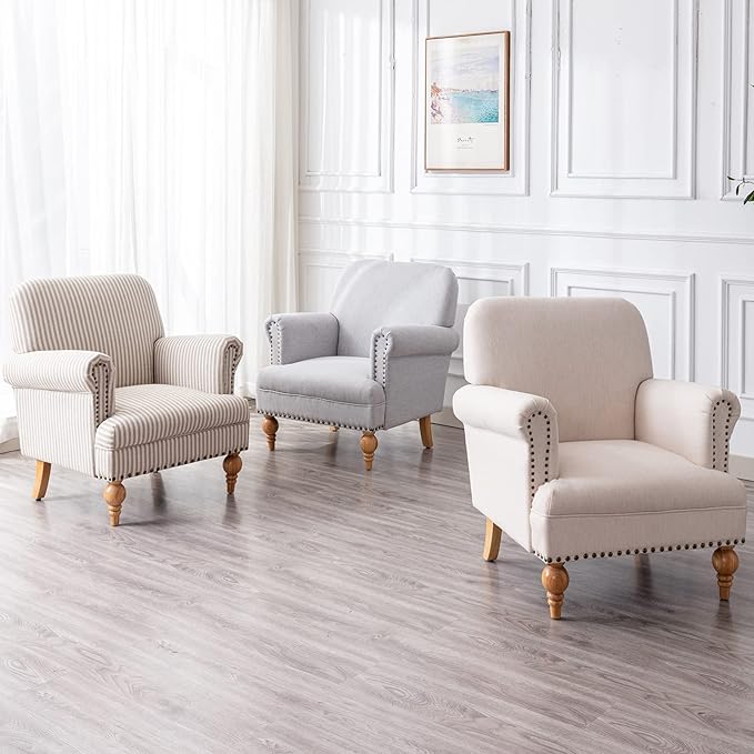 Linen Accent Chair Mid-Century Modern Living Room Armchair with Nailhead Trim & Wood Legs Comfy Upholstered Single Sofa Chair for Lounge/Bedroom/Reception, Cream