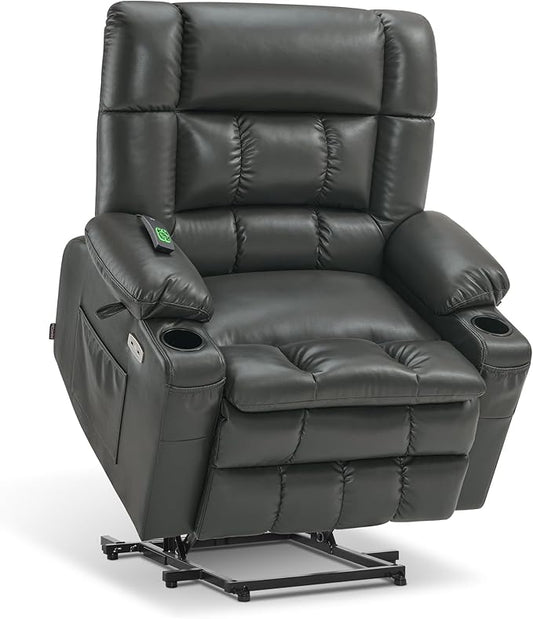 MCombo Dual Motor Power Lift Recliner Chair for Elderly, Lay Flat Lift Chair with Heat and Massage, Extra Wide Lift Recliner for Big People, Cup Holders, Faux Leather R7897 (Grey, Medium-Wide)