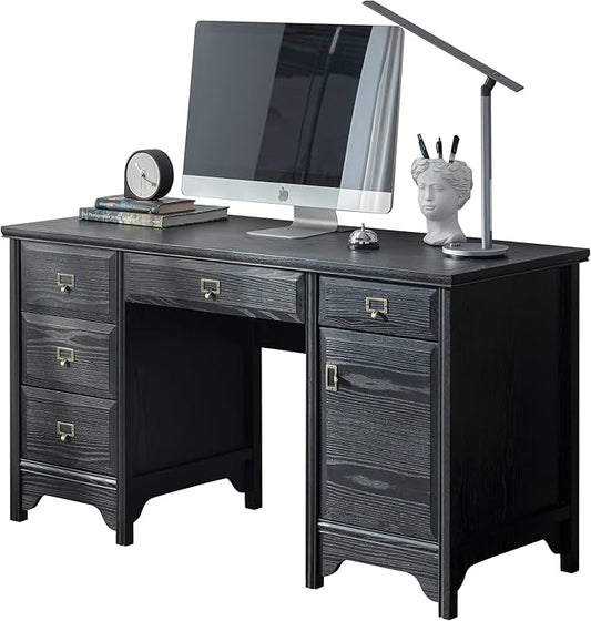 Chogori 55" Solid Wood Executive Desk, Farmhouse Office Computer Desk with 5 Drawers & Storage Cabinet, Wooden Writing Table for Home Office Study Bedroom, Black