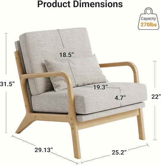 Claiks Mid-Century Modern Accent Chair, Living Room Armchair with Solid Wood Frame & Lumbar Pillow, Comfy Upholstered Lounge Chair for Bedroom, Office, Linen-Like Fabric, Light Gray