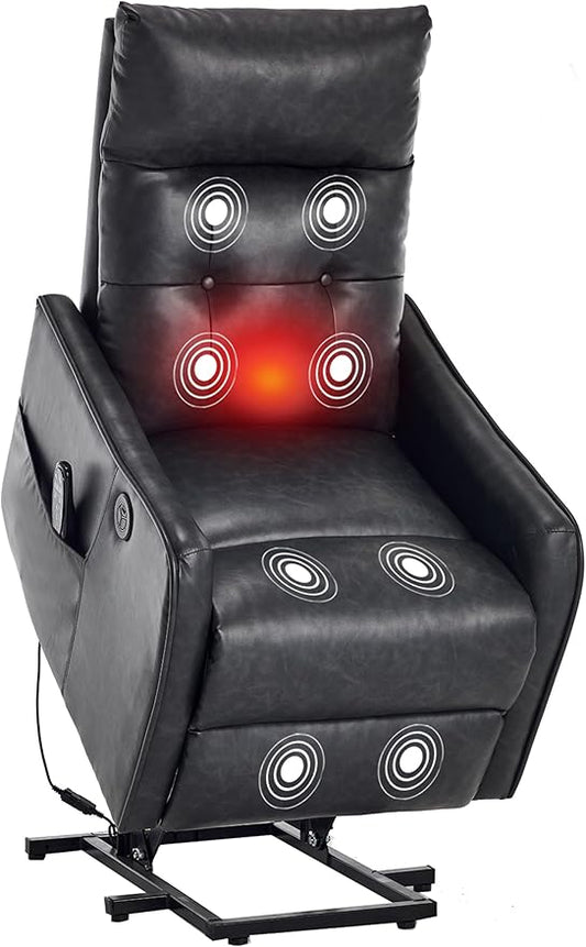 PELUMY Manual Lift Recliner Chair with Massage and Heat for Elderly, Single Motor Electric Lift Chair, Heavy Duty Recliner with USB Charging & Side Pockets (Breathable Leather, Grey)
