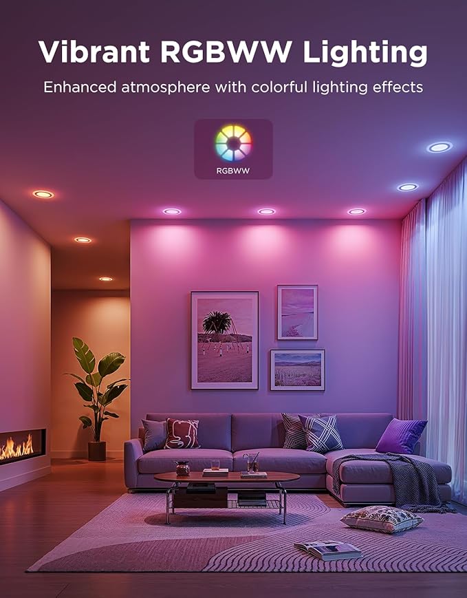 Govee Smart Recessed Lighting 4 inch, RGBIC LED Recessed Light Compitable with Matter and Alexa, 2700K-6500K Dimmable 900LM Canless Downlight with Junction Box for Bedroom, 4 Pack