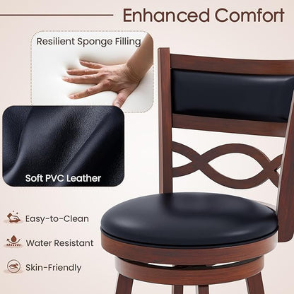 COSTWAY Bar Stools Set of 4, 29.5” Bar Height Stools with Rubber Wood Frame, Faux Leather Upholstered Seat and Backrest, Swivel Barstools for Kitchen Island, Pub, Brown (4, Seat Height: 29.5”)
