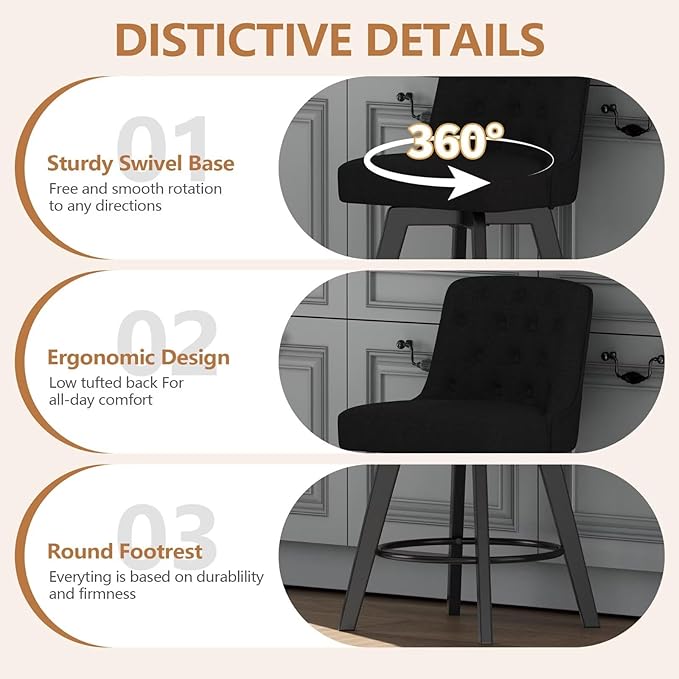 MINCETA Bar Stool, 30 Inch Upholstered Barstool with Low Tufted Back and Footrest, Swivel Counter Height Barstool for Kitchen Island Home Bar Performance Fabric Black