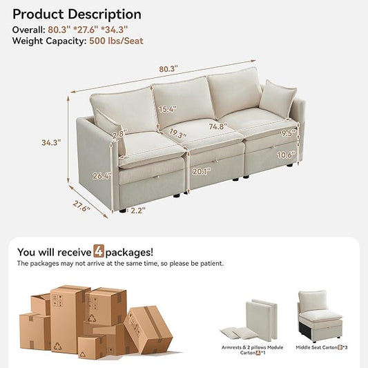 80" Cloud Modular 3 Seater Sofa with Storage, Modern Upholstered Storage Sofa Couch Deep Seat, Sectional Sofa Chenille Comfy Couch with Armrests for Living Room, Small Space, Beige