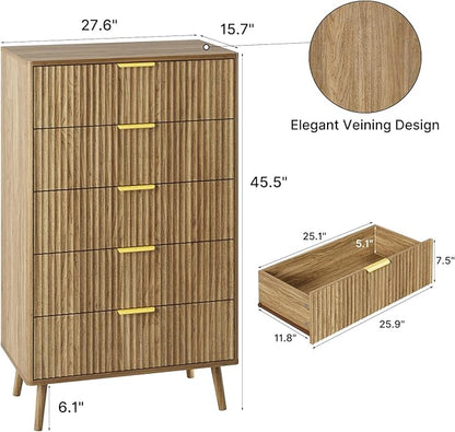 LYNSOM Fluted Dresser and Nightstand Sets 2 Piece, 2-Drawer Nightstands and 5-Drawers Dresser, Wood Bedroom Furniture Set for Home, Bedroom, Hallway, Natural Oak