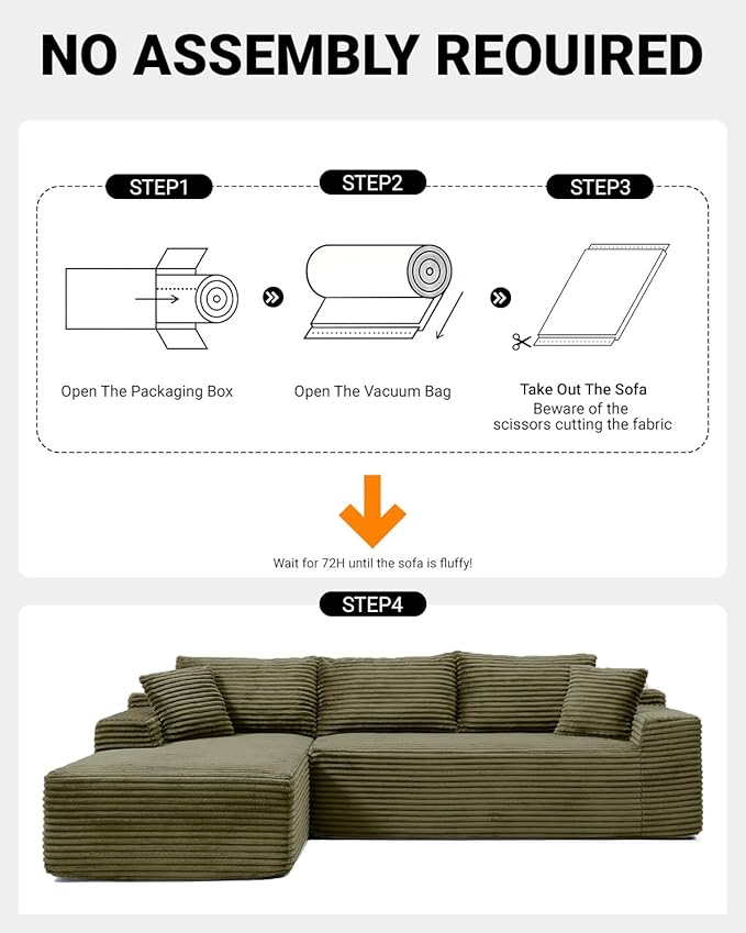 108 Inch Cloud Sectional Couch,Modern Modular Sectional Sofa with Deep Seat,Corduroy Boneless Couches with L-Shape Chaise for Living Room,No Assembly Required (Green, Left Facing Chaise)