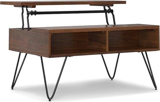 SIMPLIHOME Hunter Small Lift Top Coffee Table - 36 inch Wide Solid Walnut Veneer and Metal Industrial Cocktail Table, Living Room Table with Hidden Storage, 2 Cubbies, and Hairpin Legs