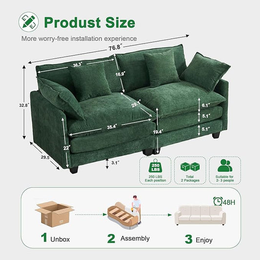 77" Cloud Sofa Loveseat & Couch｜Small 2-Seater Chenille Sectional Sofa with 29.1" Deep Seat｜FSC Certified Solid Wood & Metal Frame｜Easy Assembly & 1YR Guarantee｜ for Living Room Apartment Bedroom