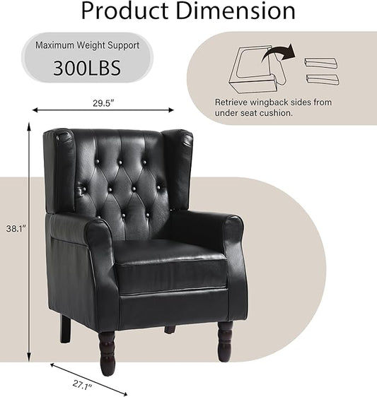 Lumibee High Back Accent Chairs Set of 2,Upholstered Faux Leather Wingback Armchairs with Solid Wood Legs for Small Spaces,Comfy Single Sofa Chairs for Living Room,Bedroom-Carbon Black