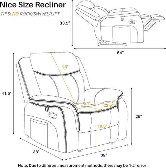Massage Recliner Chair with Heated, Faux Leather Recliner Chairs for Adults, 39" Wide Manual Reclining Ergonomic Lounge Chair for Living Room with Overstuffed Backrest, Side Pocket, Grey